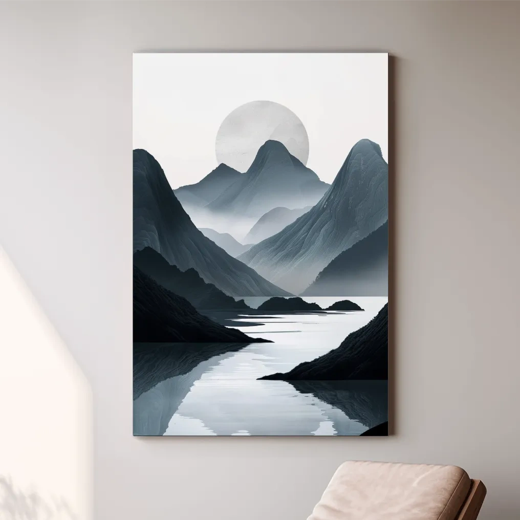Black & white mountain artwork, view down a foggy valley and lake