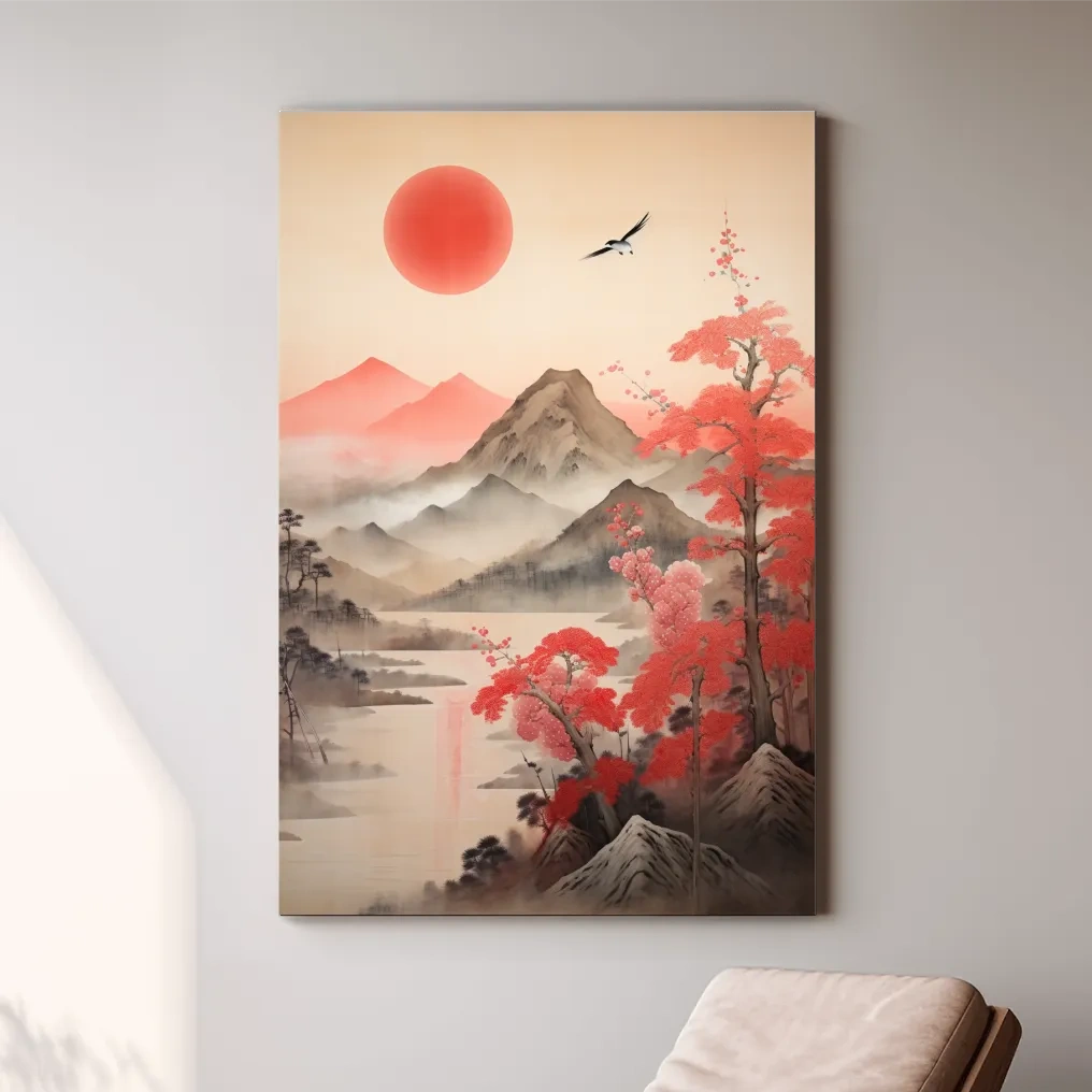 Oriental cherry blossom artwork, mountains in the mist watercolor wall art painting
