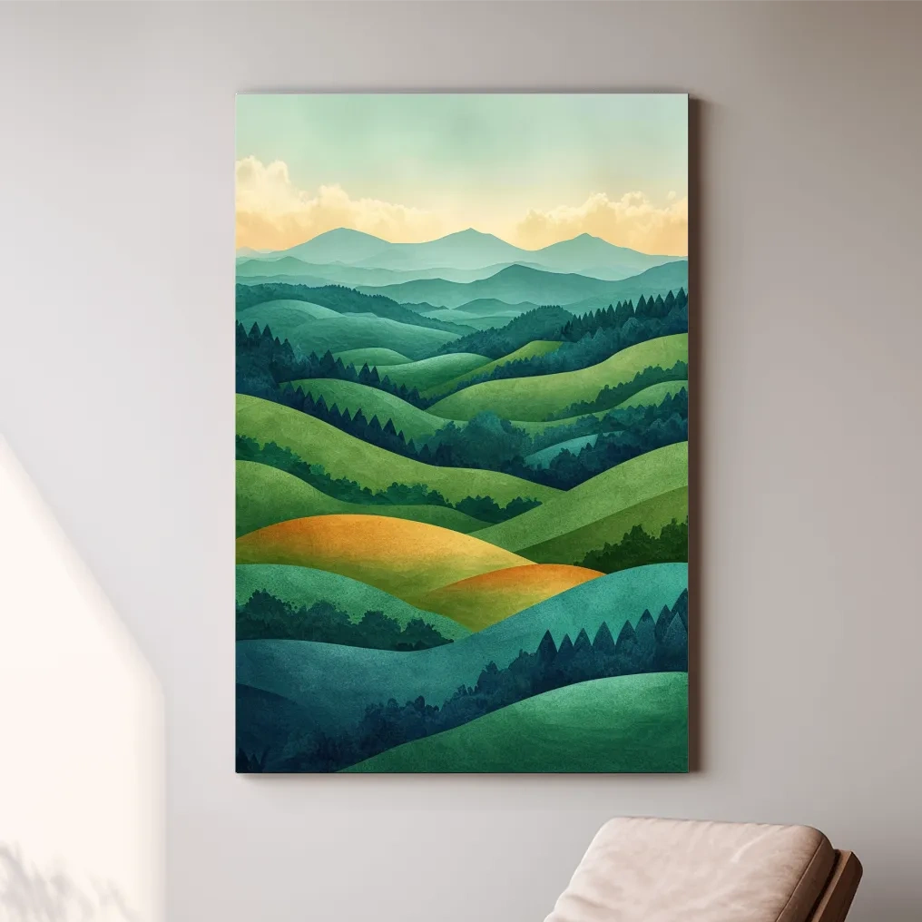 Layered Emerald Rolling Hills Landscape - Serene Scandinavian Nature Wall Art