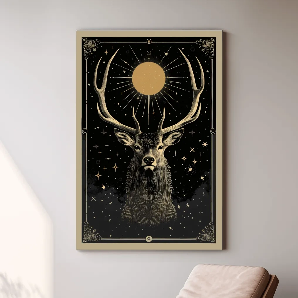 Elegant deer head under the night sky, tarot card style art