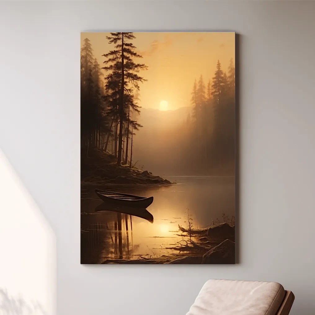 Sunset painting of a canoe on a lake at golden hour