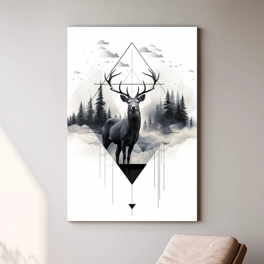 Tattoo inspired art, majestic deer in a misty forest