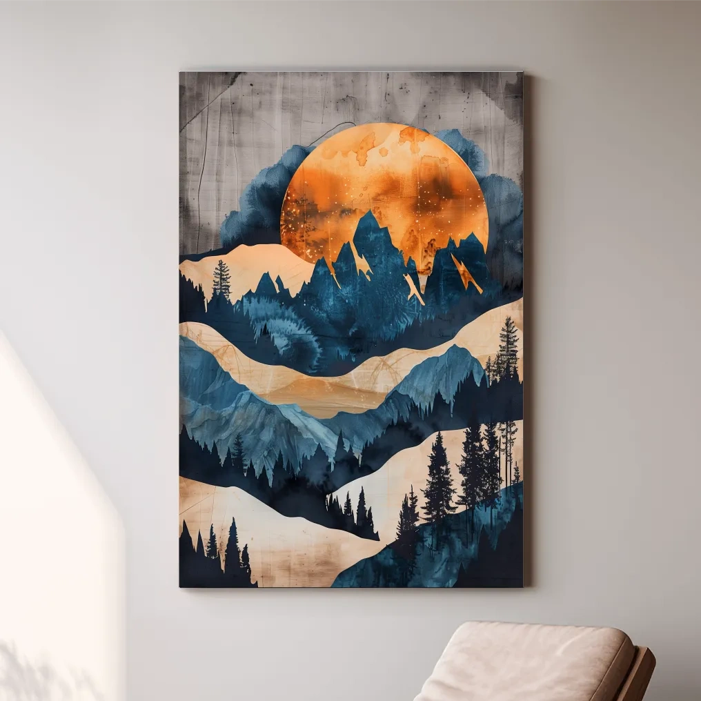 Abstract mountain and forest artwork at sunset, mixed media watercolor style art