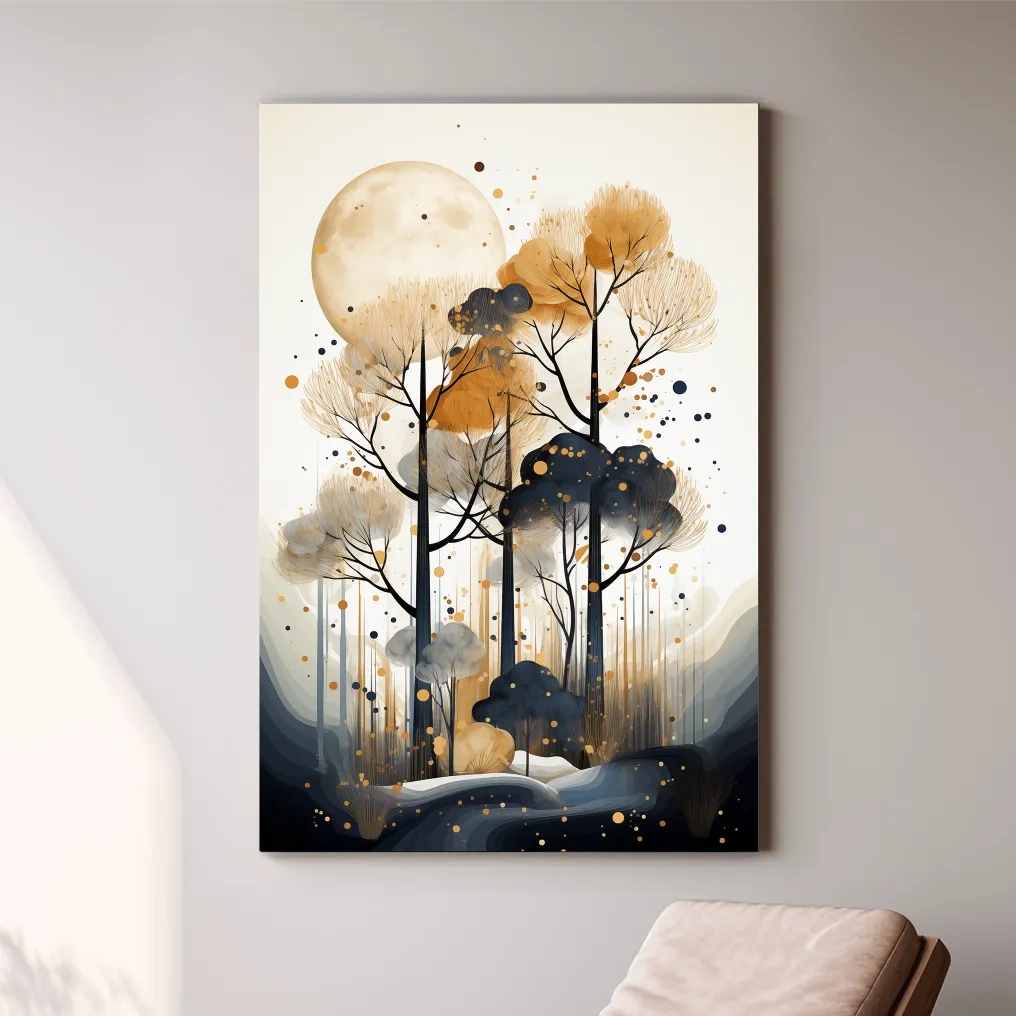 Surreal Chic Moonlit Boho Forest Illustration - Modern Botanical Wall Art