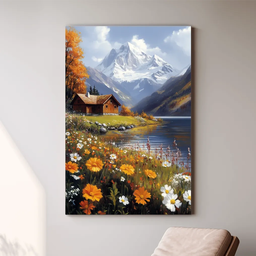 Impressionist painting of a lakeside cabin in the alpine meadows beneath a glacier