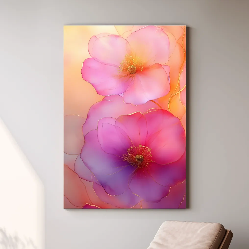 Ethereal Pink Watercolor Blossoms With Gold Accents - Floral Botanical Wall Art