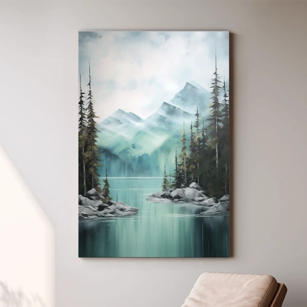Misty Turquoise Mountain Lake Landscape - PNW Watercolor Forest Wall Art