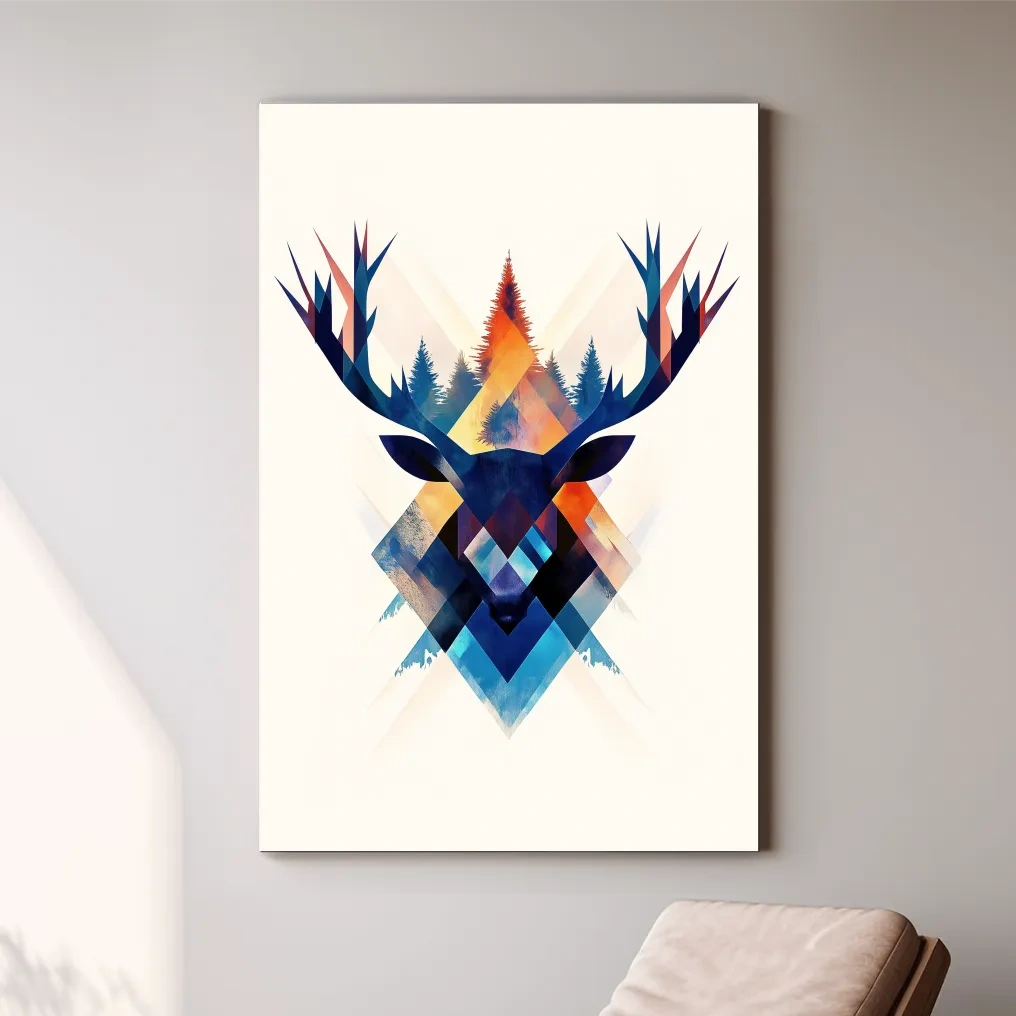 Geometric deer head wall art, colorful abstract tribal style artwork