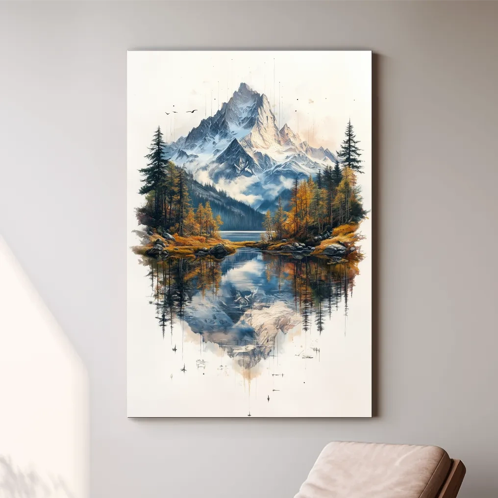 Alpine lake painting, tattoo inspired mountain glacier wall art