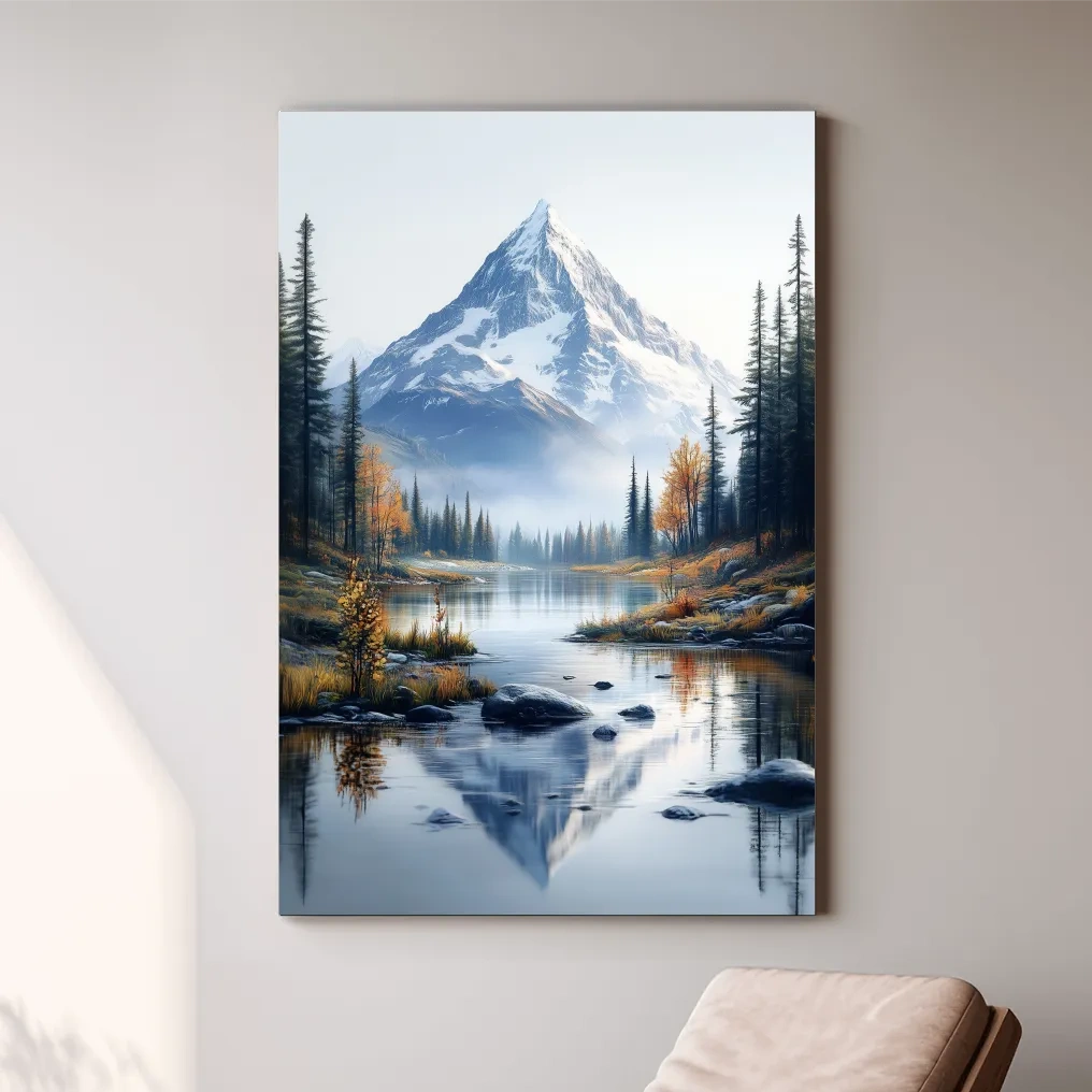 Lake beneath a glacier in the alpine meadows in fall, mountain wall art