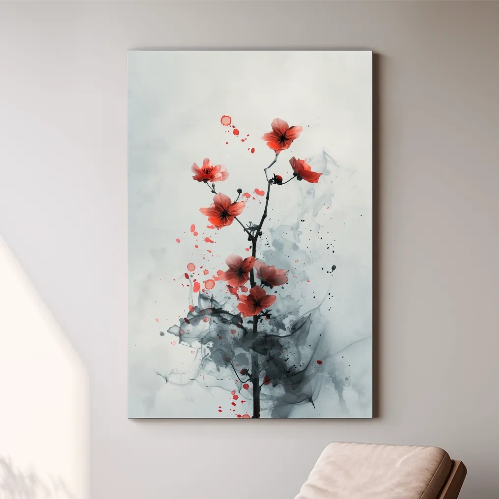 Red Cherry Blossom Ink Wash Painting - Minimalist Floral Wall Art