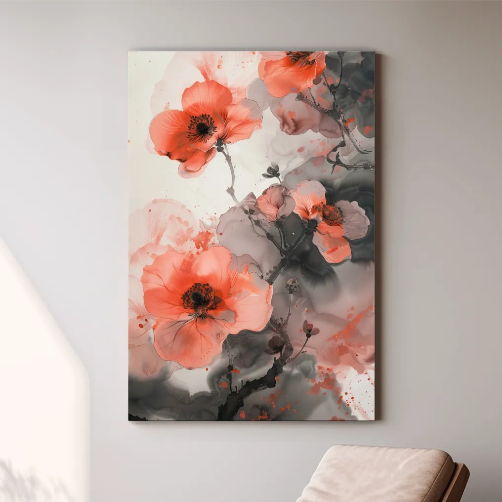 Poppy Blossom Ink Wash Painting - Floral Botanical Watercolor Artwork