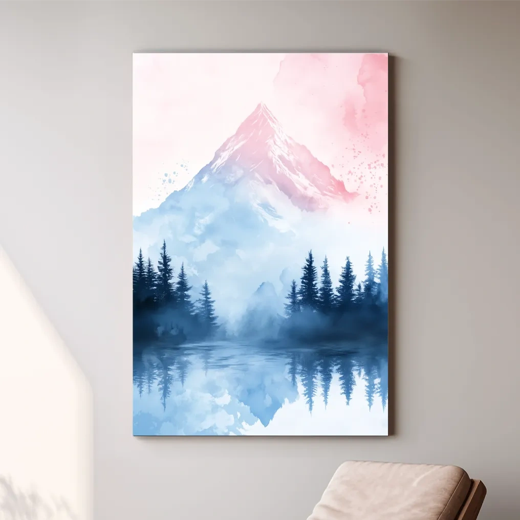 Pastel mountain watercolor painting, foggy forest by an alpine lake