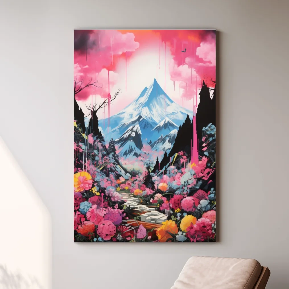 Energetic illustration of pink alpine flowers by a glacier