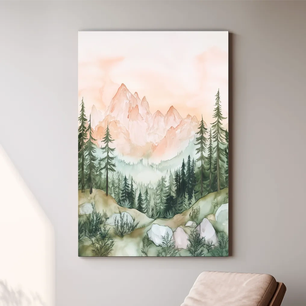 Alpine mountain forest watercolour painting wall art, pastel colors