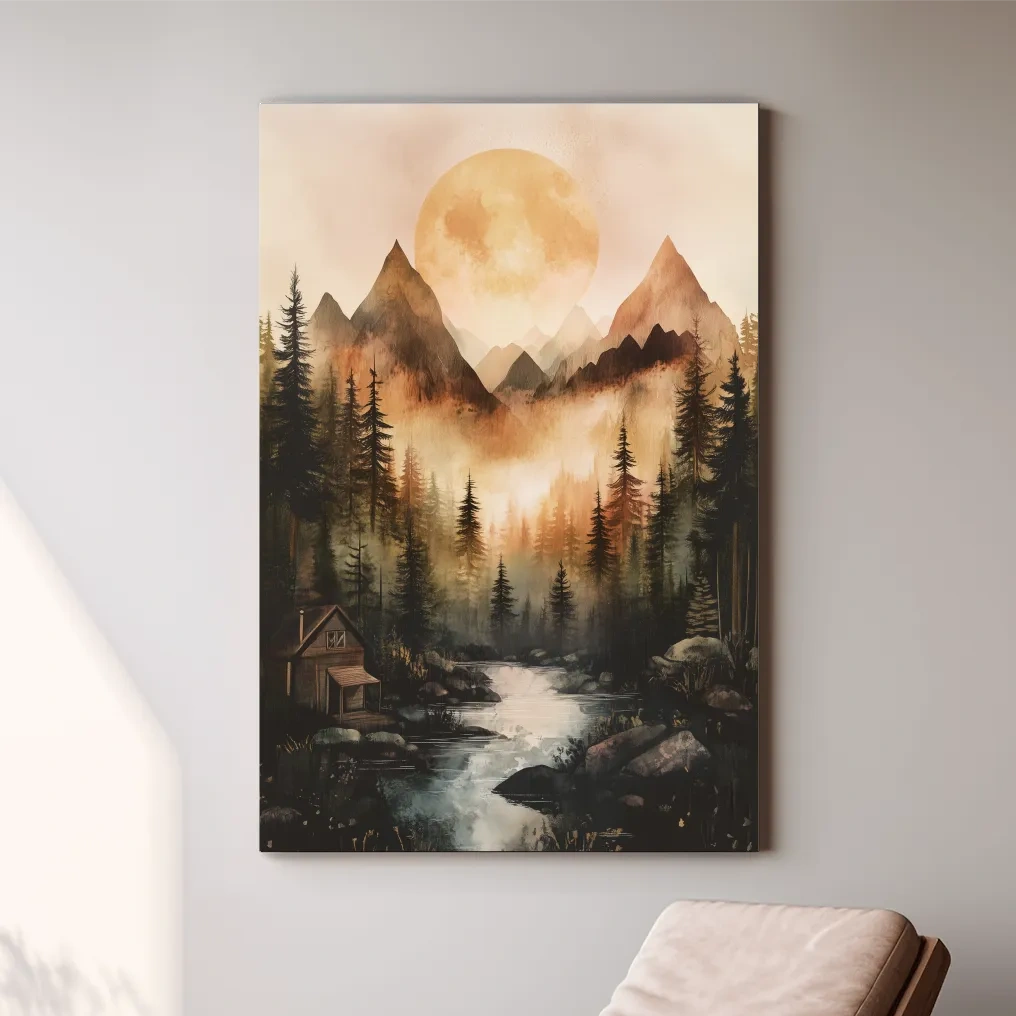 Alpine lake cabin painting, rustic watercolor effect, forest and mountains