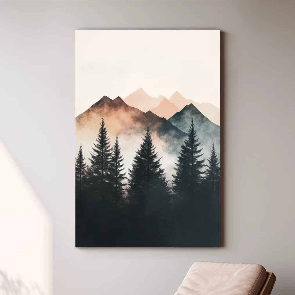 Misty Watercolor Mountain Pine Forest - Serene Nordic Wall Art