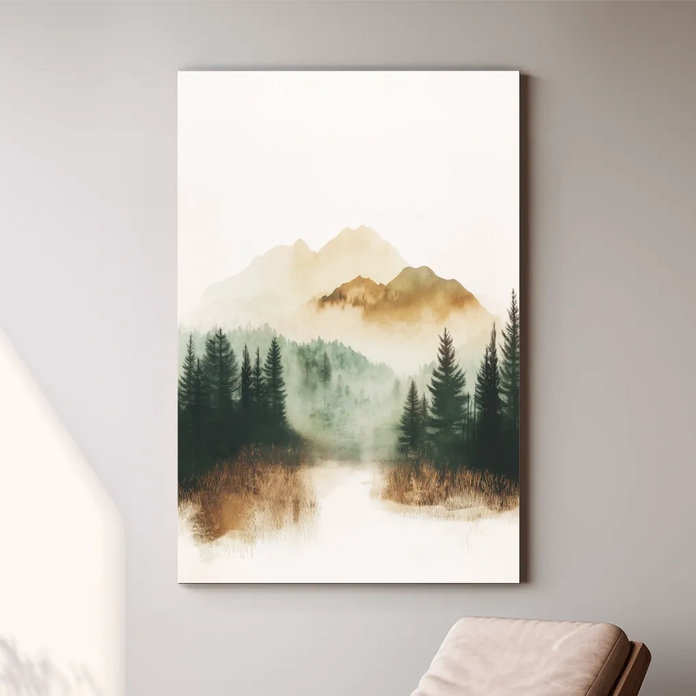 Foggy alpine forest painting, minimal watercolor wall art