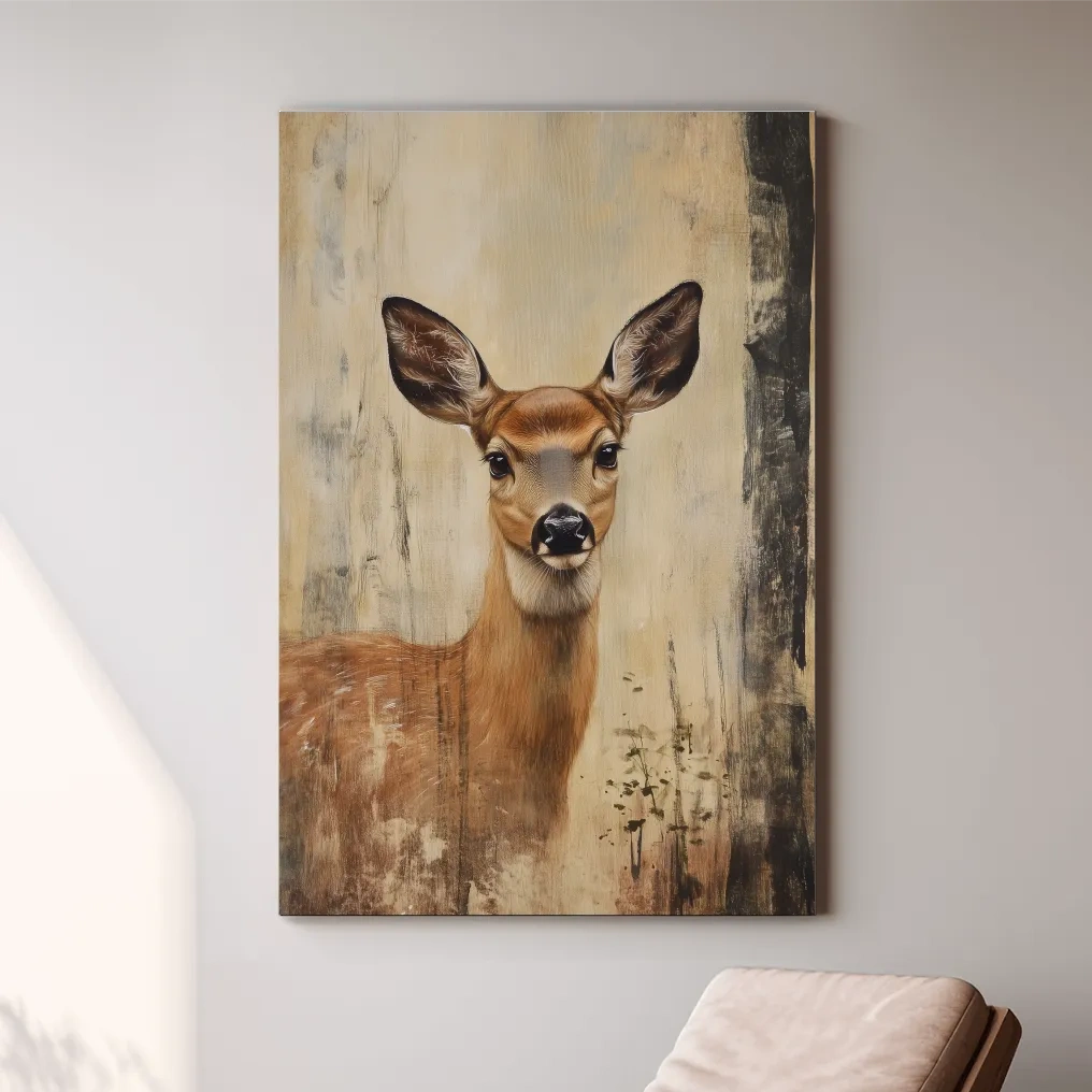 Rustic Whitetail Fawn Portrait Painting - Woodland Wildlife Wall Art