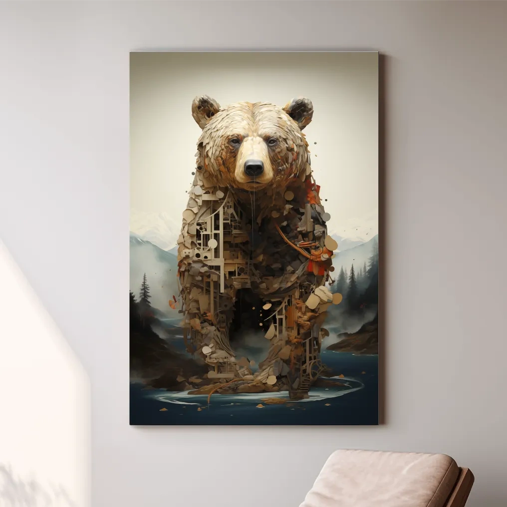 Surreal Grizzly Bear Collage Illustration - MC Escher Style Wildlife Wall Art