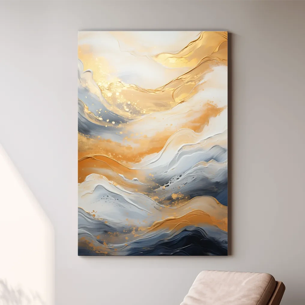 Golden abstract mountain wall artwork, swirling style painting
