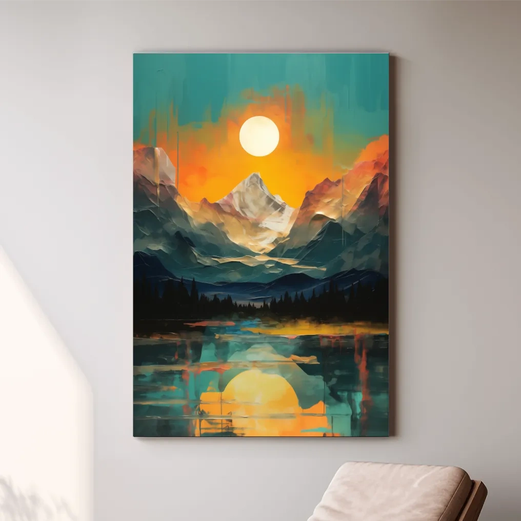 Oil painting artwork print of a mountain scene at sunset