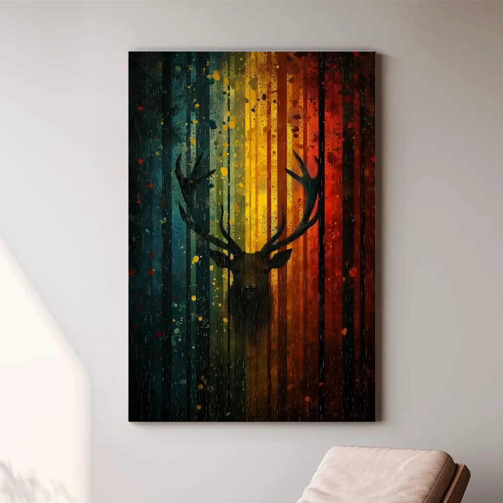 Abstract deer in a forest silhouette artwork, rainbow colours