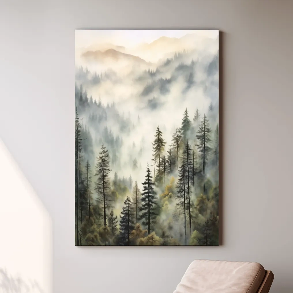 Painting of fog rolling through mountains and trees
