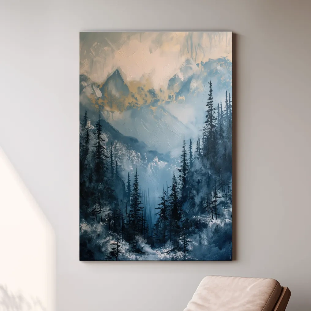 Moody Misty Blue Mountain Forest Painting - Textured Alpine Landscape Wall Art