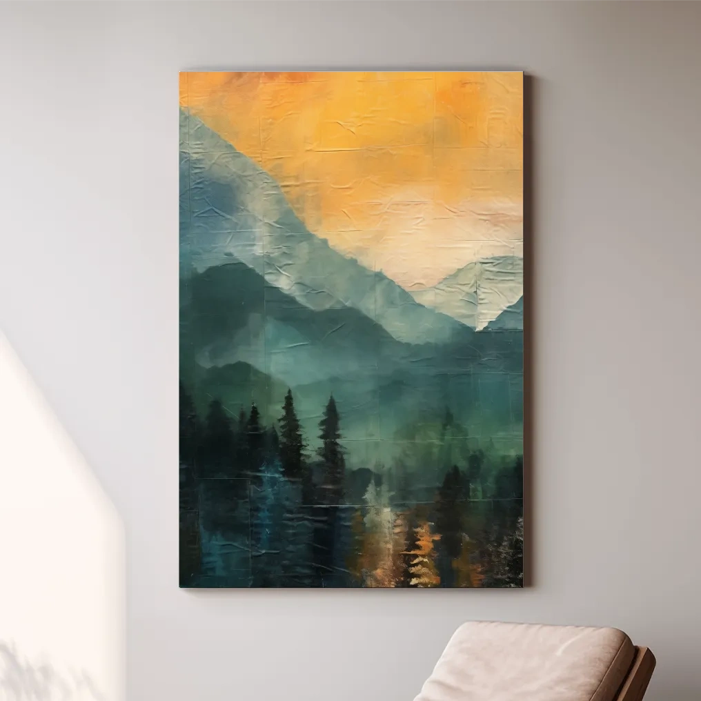 Rustic textured style art, mountains at sunset