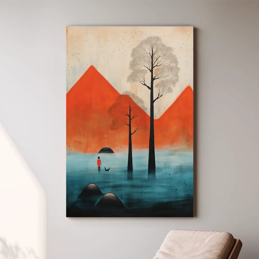 Surreal mountain artwork,rustic textured painting effect, dreamlike landscape wall art
