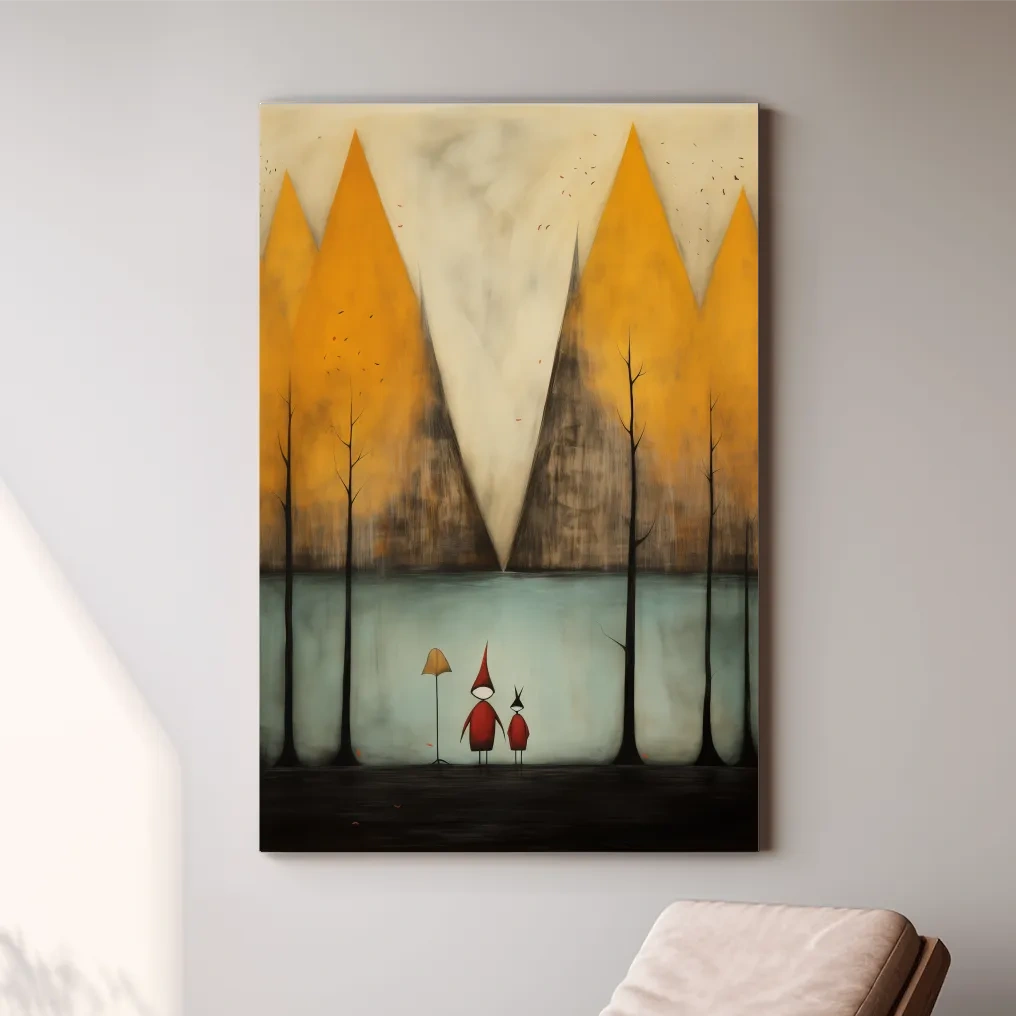 Quirky painting of people by a lakeside mountain scene in fall, whimsical forest scene artwork
