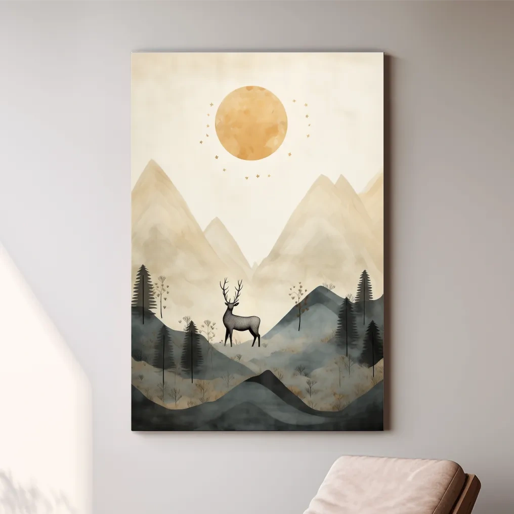 Deer standing in the forest under the night sky, quirky illustration art