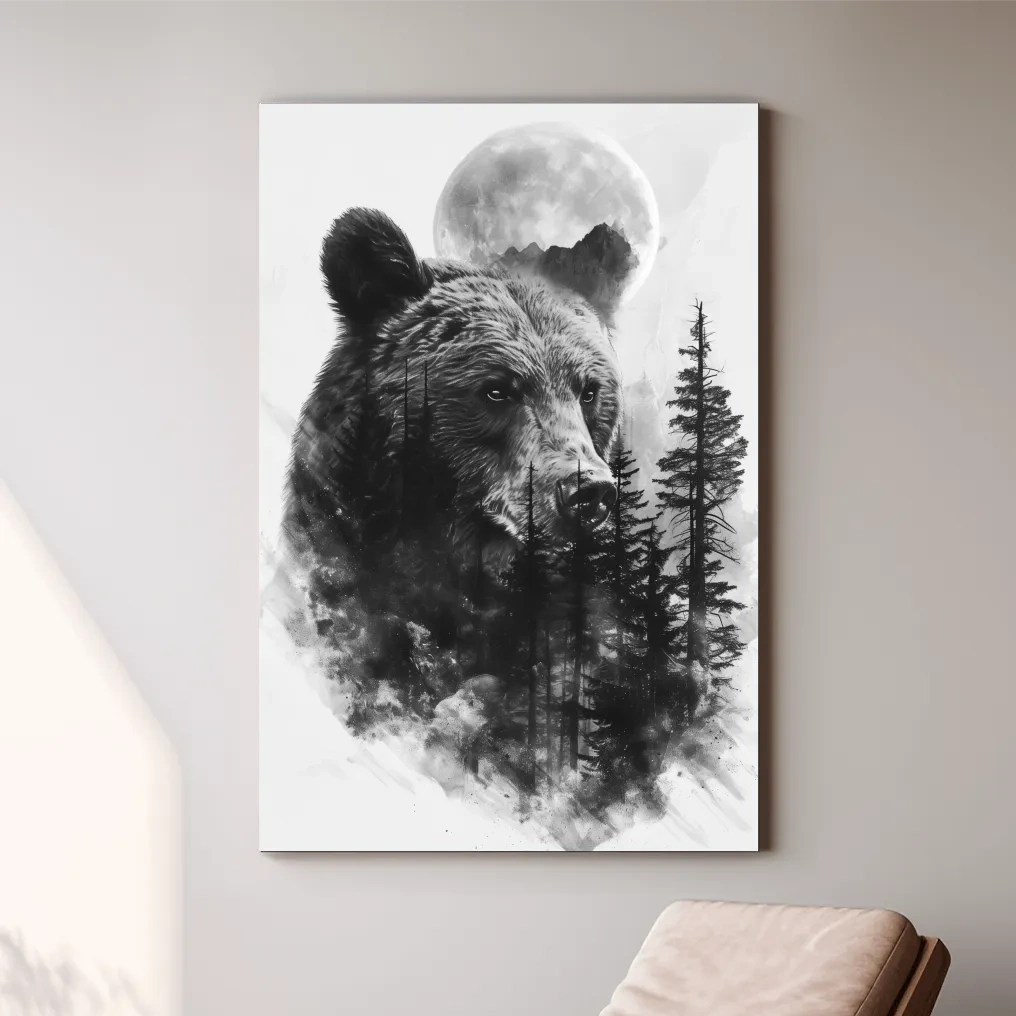 Grizzly Bear Moon Forest Drawing - Black And White Double Exposure Wildlife Wall Art