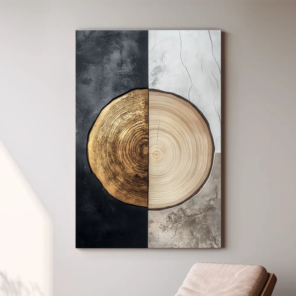 Rustic bohemian style tree ring artwork, split texture wood wall art