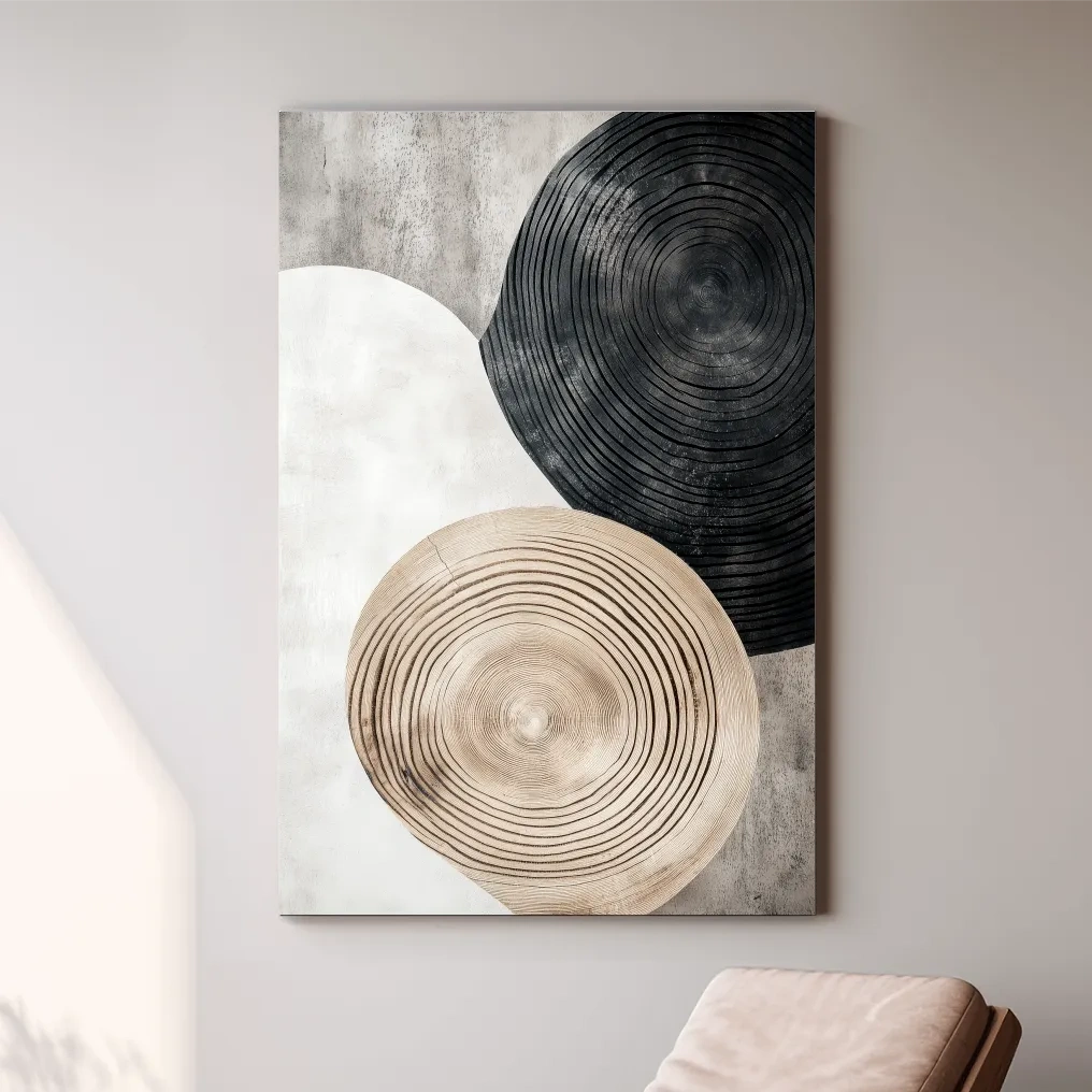 Minimalist Black Beige Wood Grain Circles - Modern Rustic Wall Art