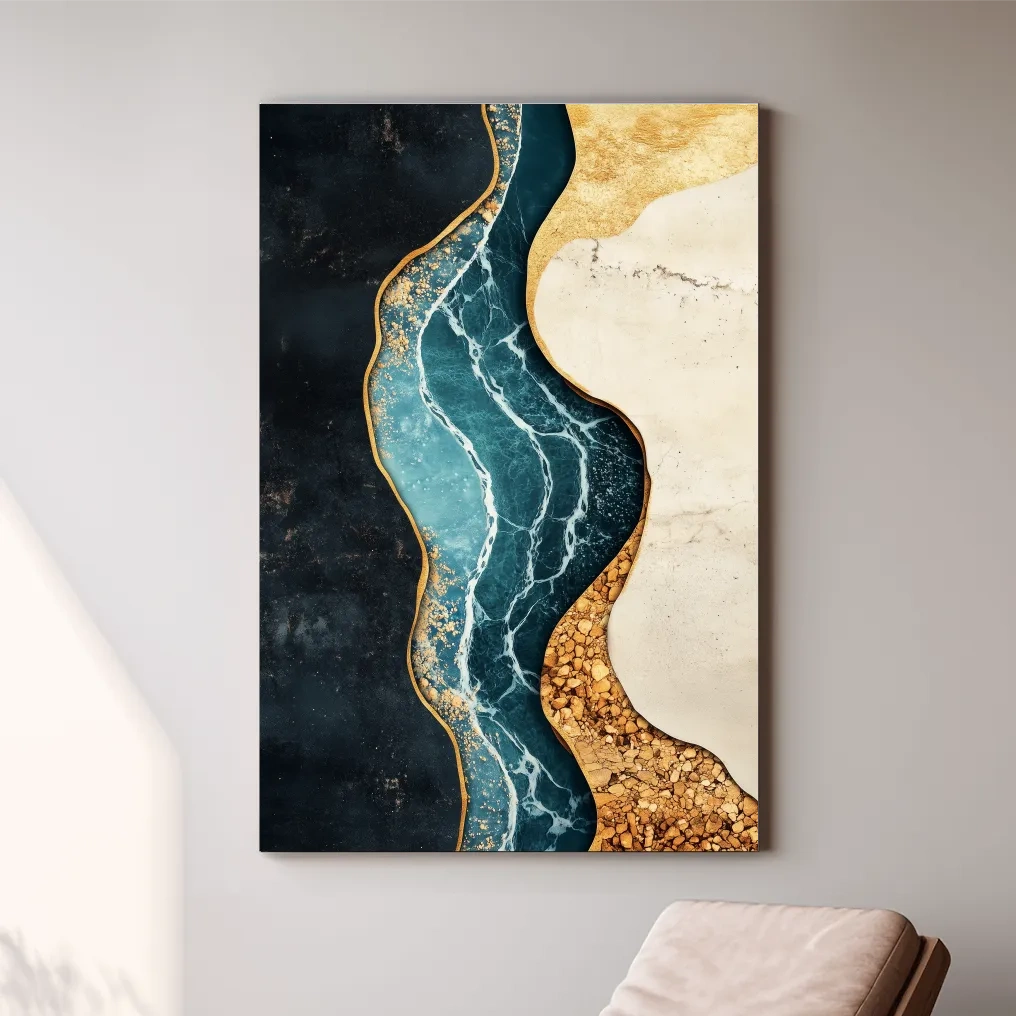 Luxurious Fluid Marble River Abstract - Gold Geode Resin Style Wall Art