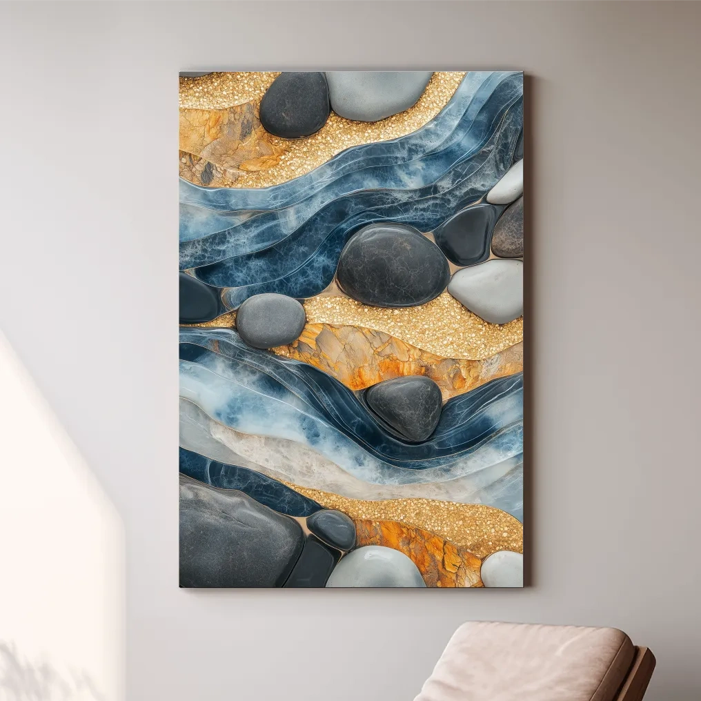 Abstract Blue River Stone Mosaic - Modern Pebble Texture Wall Art