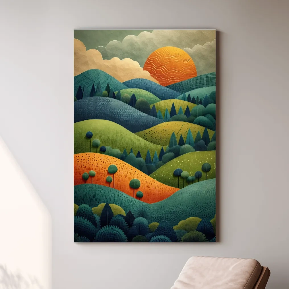 Rolling hills and trees at sunset mountain artwork, 3d layered paper cutout effect