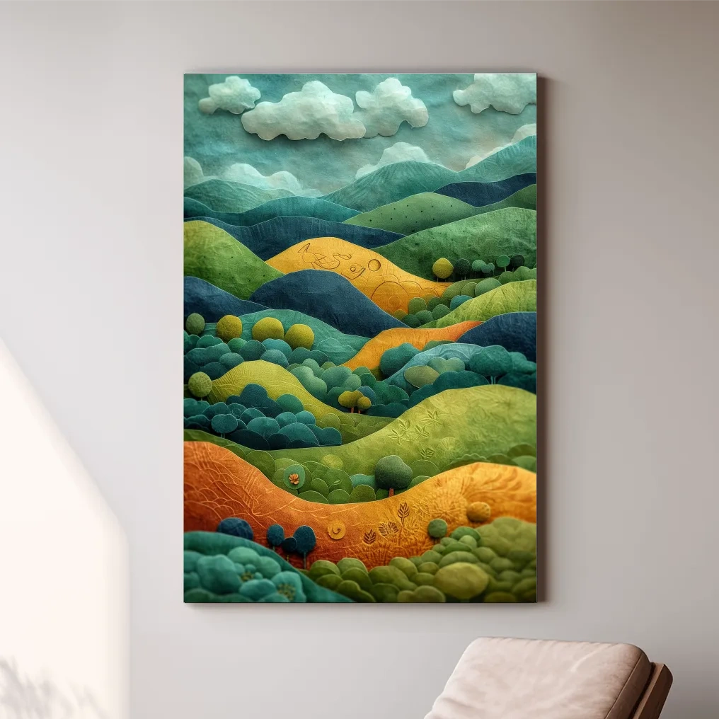 Abstract surreal mountain scene artwork, whimsical landscape in 3D layered style