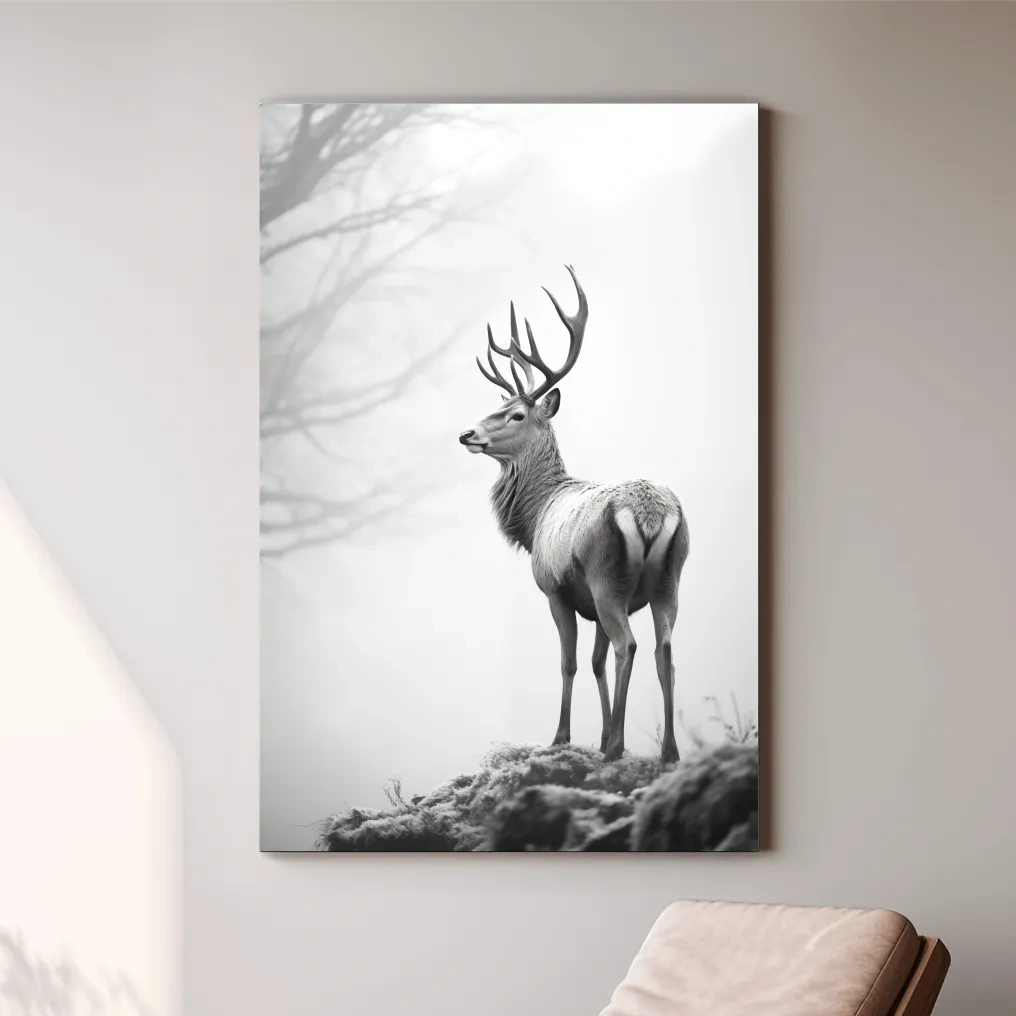 Black and white photograph of a majestic deer on a winter morning, serene wildlife artwork