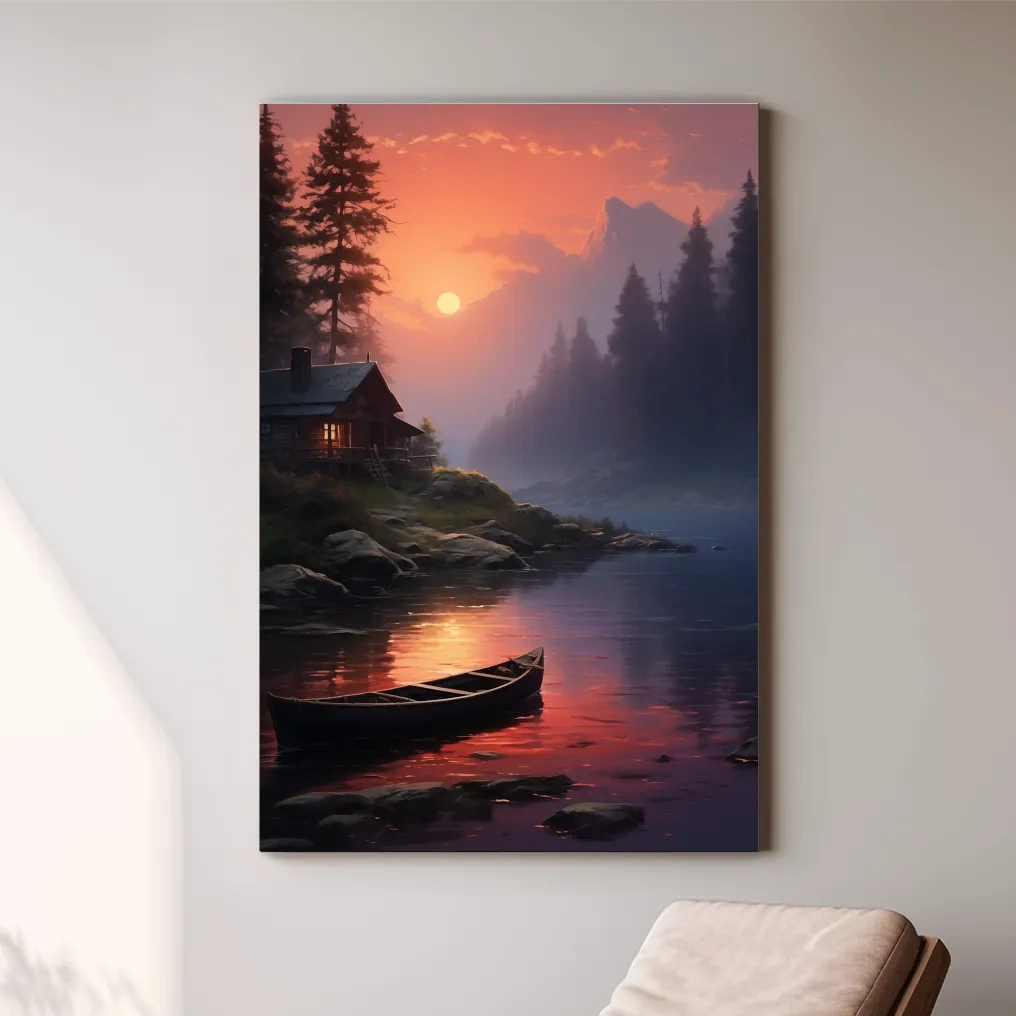 Beautiful painting of a cabin on a misty lake at sunset
