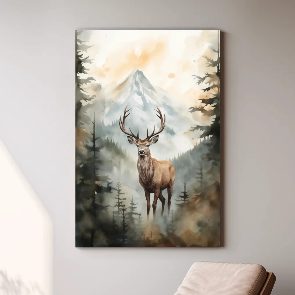 Watercolour painting of a deer standing in a misty forest