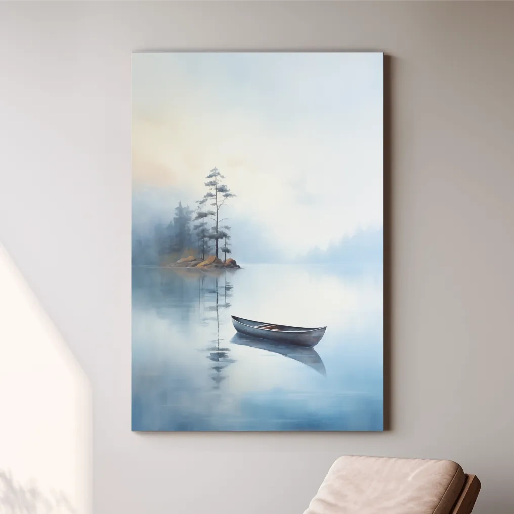 Watercolor painting, canoe on a misty lake, serene wall artwork