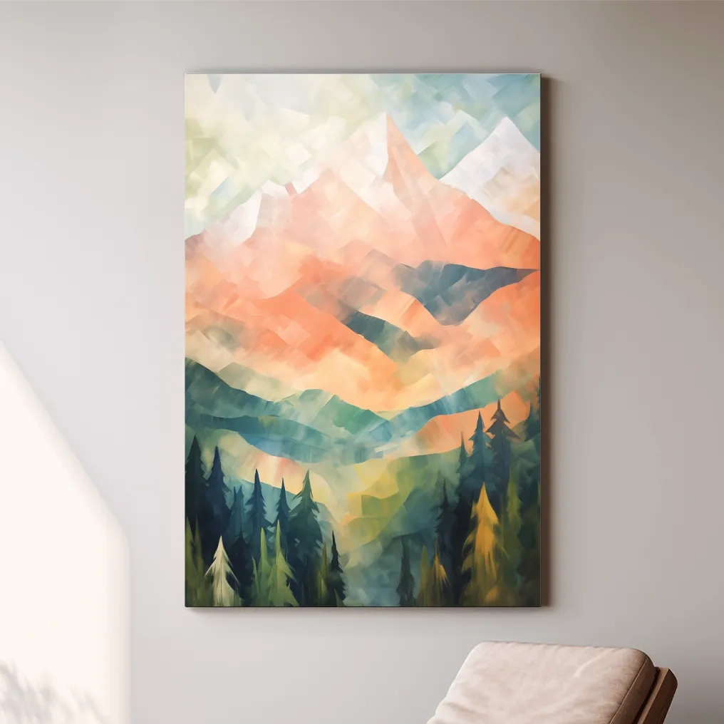 Colourful impressionism painting of alpine mountains, vibrant layered brush strokes