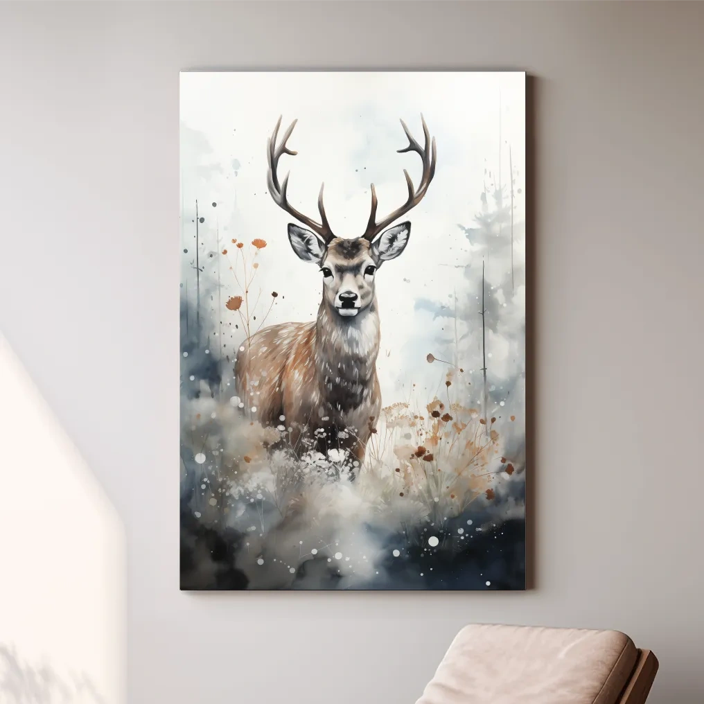 Rough textured watercolour painting of a deer buck standing in the forest