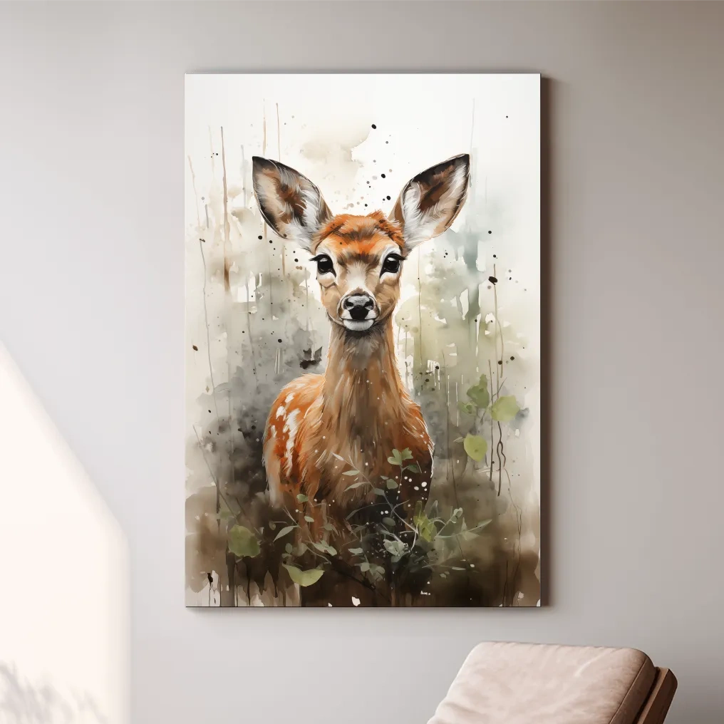 Watercolor fawn wall art, delicate forest setting artwork