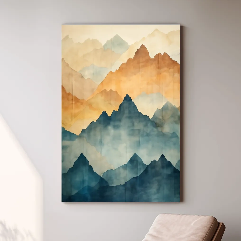 Textured effect watercolour painting of mountain ridgelines in the fog