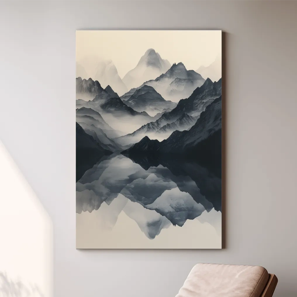 Japandi style mountain artwork, reflective mountain ranges