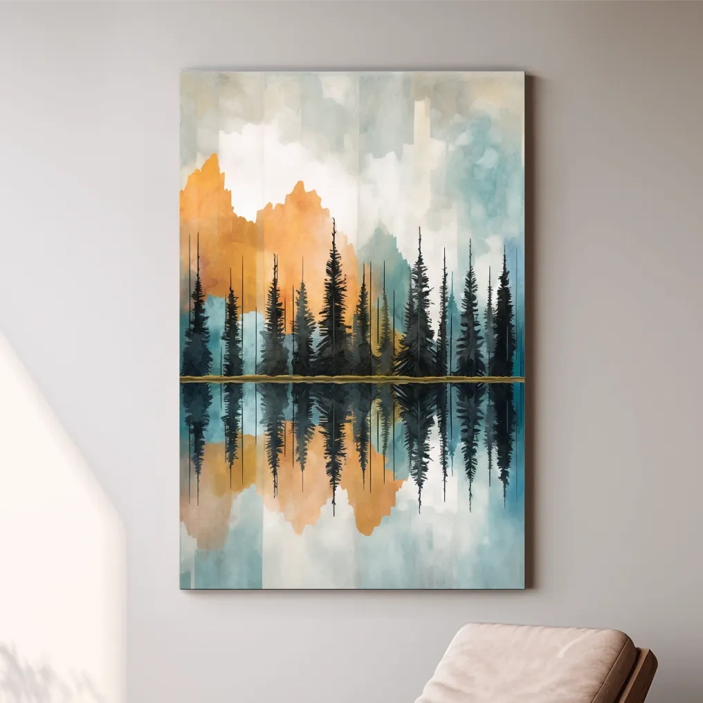 Abstract watercolour painting of trees along a lake
